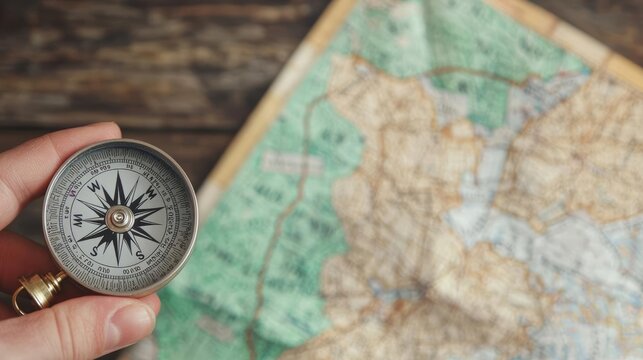 A close-up of a hand holding a compass, with a map spread out on a wooden table
