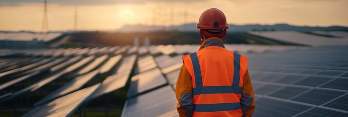 An engineer in a high-visibility vest and hard hat stands supervising a field of solar panels as the sun sets, representing clean energy.