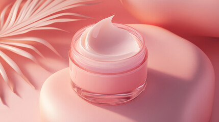 "Warm-colored skincare product featuring an open face cream container. Highlighting the luxurious texture and application of the cream."