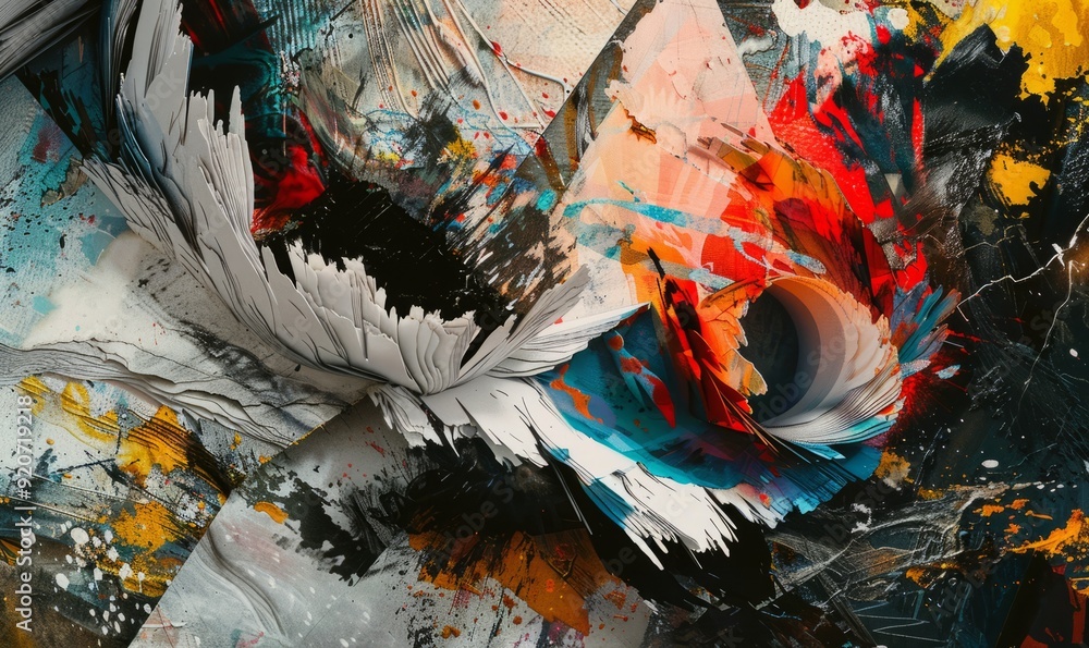 Poster collage of mixed media elements creating abstract forms