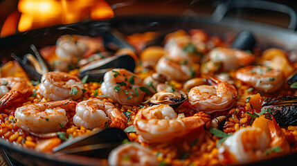 Spanish paella cooking in restaurant 