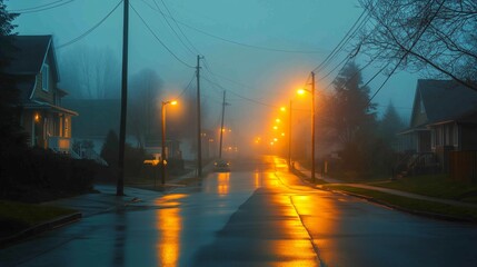 Misty street illuminated by warm streetlights at dawn in a quiet suburban neighborhood