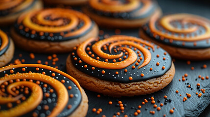 Themed sweet cookies on black dotted muffler closeup