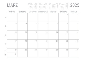 Monat Kalender März 2025 Monatskalender Kalenderblatt Kalendarium mit Kalenderwoche Planer DIN A4 Deutsch	