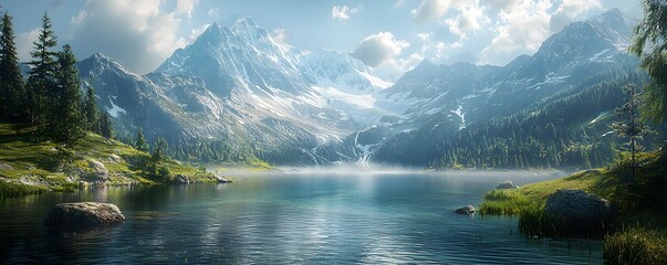 Majestic snowcapped mountains reflect in clear, tranquil lake amidst lush green landscape and bright sky.