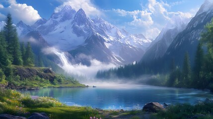 Fototapeta premium Breathtaking Snowcapped Mountains Reflected in a Serene Lake Surrounded by Vibrant Greenery and Mist
