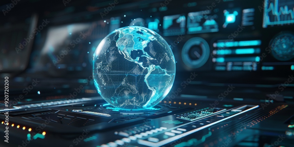Poster conceptual illustration of a globular earth made up of light dots on a dark background. 3d sci-fi in