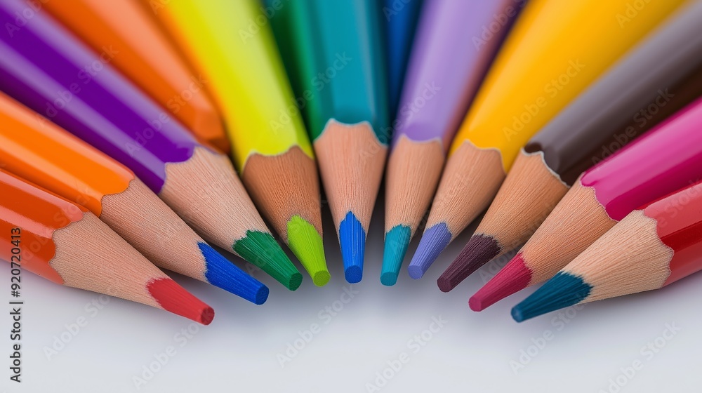 Poster a row of colored pencils with a blue stripe on the tip. the pencils are arranged in a circle, with t