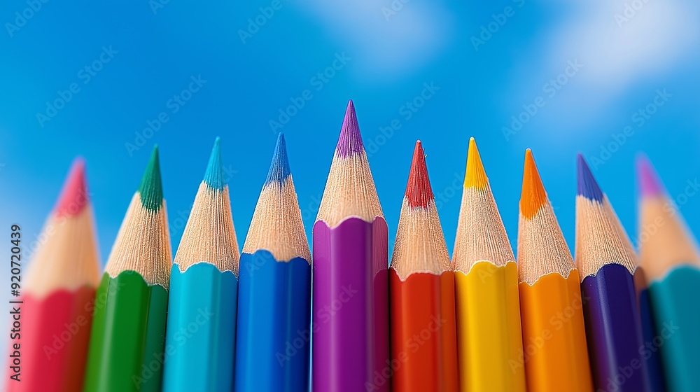 Poster a row of colorful pencils with a blue sky in the background. the pencils are arranged in a line, wit