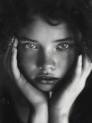 Fototapeta premium Intense Portrait of Young Woman in Dramatic Black and White Lighting