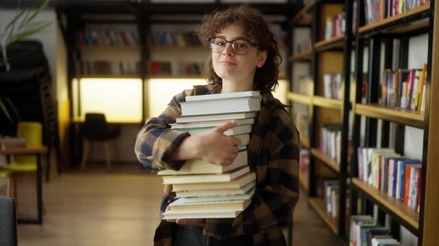 Portrait of a girl student with curly hair in a checkered shirt who holds a stack of papers in her hands near the shelves in the library