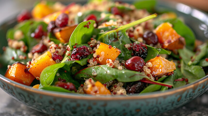 a nutritious and colorful power salad, with baby spinach, quinoa, roasted butternut squash, and cranberries, served in a large bowl with a side of apple cider vinaigrette on a granite countertop
