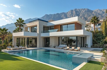 Luxury beach house with mountain view swimming pool and terrace in modern design. Lounge sun beds deck at vacation home or hotel. Contemporary holiday villa exterior