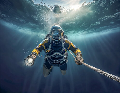 Un plongeur s'enfonce dans les profondeurs de l'oc&eacute;an en longeant un c&acirc;ble, il s'&eacute;claire avec une lampe torche, la surface au dessus de lui montre de jolis reflets de lumi&egrave;re, sublime