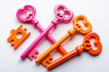 Vibrant pink and orange retro-style keys rest on a white background, evoking a sense of relaxation,...