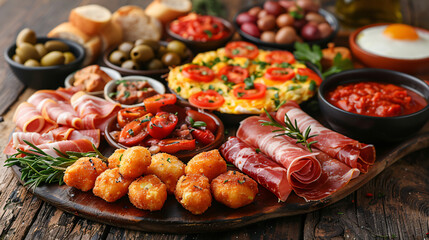 Traditional spanish tapas. Croquettes olives omelet