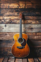Naklejka premium Wooden guitar on rustic wood paneling