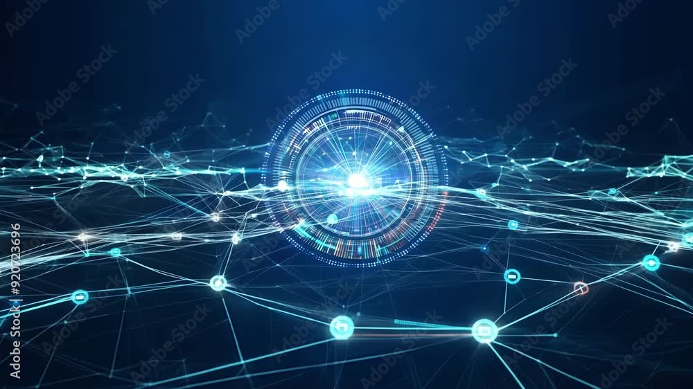 Poster glowing lines and interconnected data points create a dynamic digital landscape filled with energy a