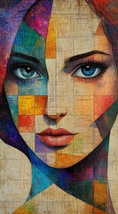 Colorful geometric portrait of a woman's face with expressive blue eyes