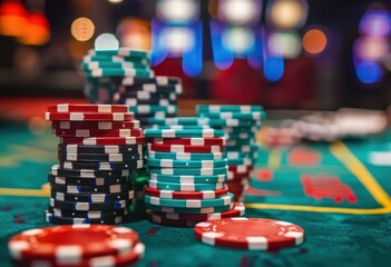 Fototapeta premium Stacks of various poker chips sit on a green felt table at a lively casino in the evening
