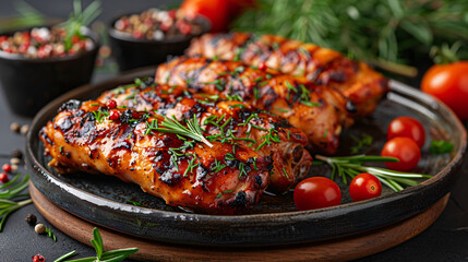 Turkey drumsticks and tomatoes on black dish