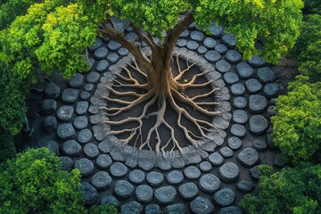 Fototapeta premium aerial view of an ancient tree its sprawling root system creating a mesmerizing mandala pattern lush canopy surrounds the central focal point symbolizing interconnectedness of nature