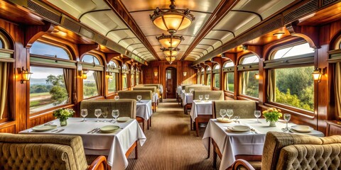 Retro-style dining car interior with rich wood accents, white linen tablecloths, and vintage luggage racks, evoking a sense of luxury and nostalgic travel.