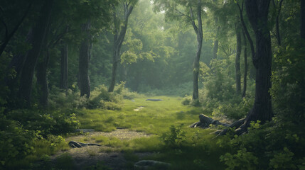 Obraz premium A serene, empty clearing in a dense forest, where the surrounding trees and plants seem to be slowly encroaching