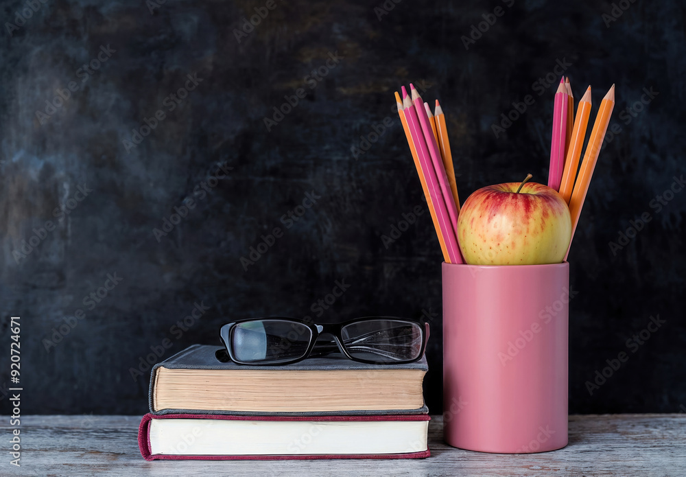 Poster back to school concept with apple, pencils and books on desk with empty chalkboard background