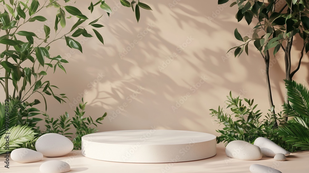 Aufkleber natural backdrop with circular platform and greenery in a tranquil setting