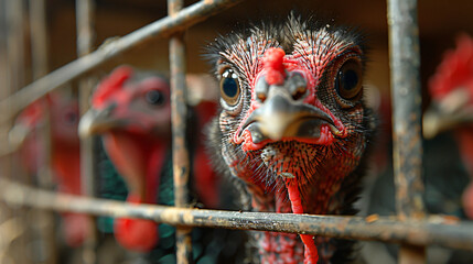 Turkeys in a cage in front of camera