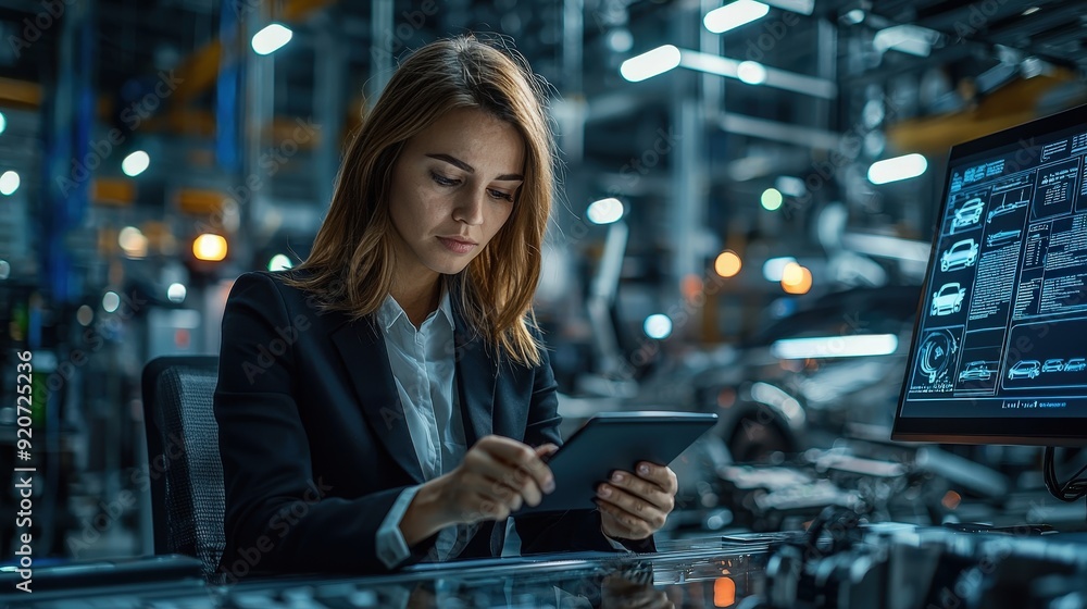 Poster a businesswoman examines data on a tablet in a modern workshop equipped with advanced automotive mac
