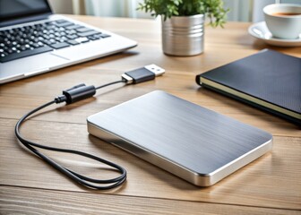 A sleek, modern external hard drive with a metallic finish and multiple USB ports sits on a clutter-free desk, surrounded by cables and office supplies.