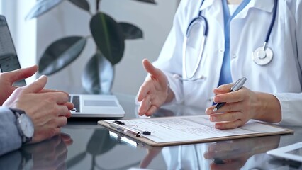 Doctor woman consulting patient in clinic office while both are sitting at the glass desk. Medicine concept