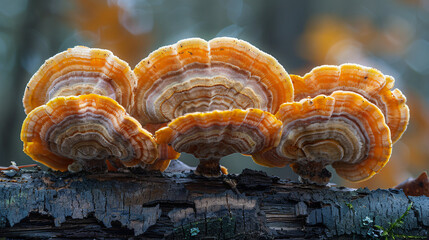 Turkey Tail Mushrooms on Log in the Wild