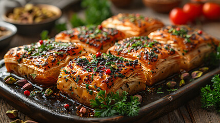 Turkish baklava with pistachios served on a  wooden dish