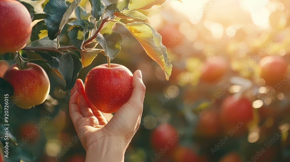 Poster a person reaches for a shiny red apple on a tree branch in a vibrant orchard filled with sunlight an