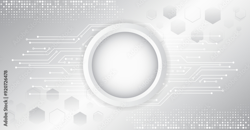 Poster Abstract grey high tech background consisting of printed circuit board circles and other technological elements. Digital communication, data protection, futuristic presentation, science cover.