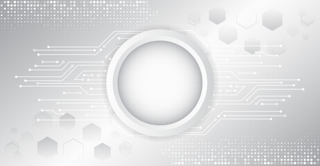 Obraz premium Abstract grey high tech background consisting of printed circuit board circles and other technological elements. Digital communication, data protection, futuristic presentation, science cover.