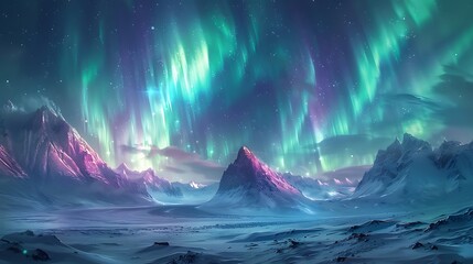 Fototapeta premium A digital artwork of an arctic tundra with the Northern Lights, vibrant green and purple lights illuminating the snowy ground, detailed and ethereal,