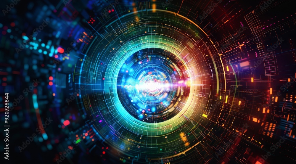 Poster a stunning abstract representation of a digital sphere filled with vibrant colors and dynamic light 
