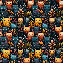 Fototapeta premium 3D illustration seamless patterns of cats and flowers featuring adorable cats in a whimsical setting. Suitable for background, gift wrap and book cover.[A-0025].