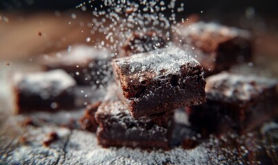 Homemade brownies with a fudgy center and a dusting of powdered sugar