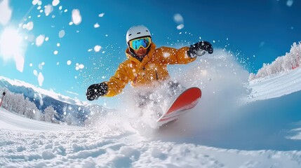 Naklejka premium Snowboarder carving down a snowy mountain with precision. Competitive Motion