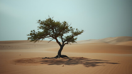 Stranded and helpless as an oasis concept as a vulnerable single tree in a hot arid desert as a withdrawn metaphor, dark. Generative AI