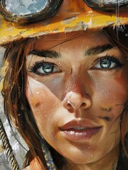 Close-up of woman wearing hard hat and goggles, with industrial backdrop.