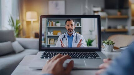 A healthcare professional engages in a telemedicine appointment with a patient using a laptop in a cozy living room