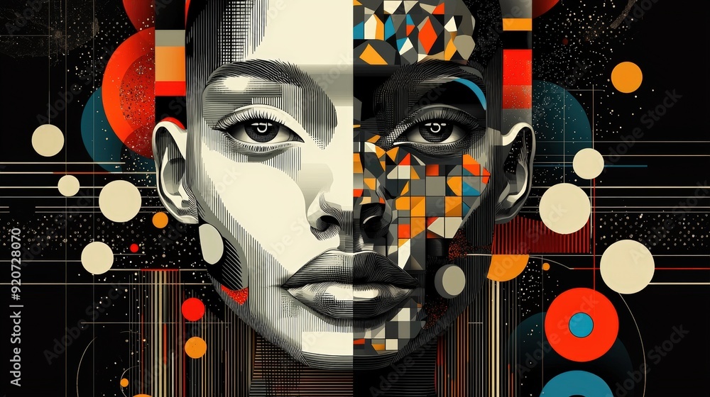 Fototapete a striking abstract portrait showcases a duality in style and color, merging realistic facial featur