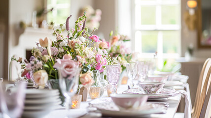 Birthday tablescape or candy bar with sweets, Birthday cake and cupcakes, beautiful party and celebration