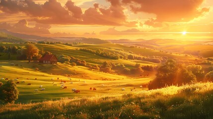 Fototapeta premium A digital artwork of an idyllic countryside at golden hour, with rolling hills, a rustic farmhouse, and grazing animals, warm light creating a picturesque scene, detailed and serene,